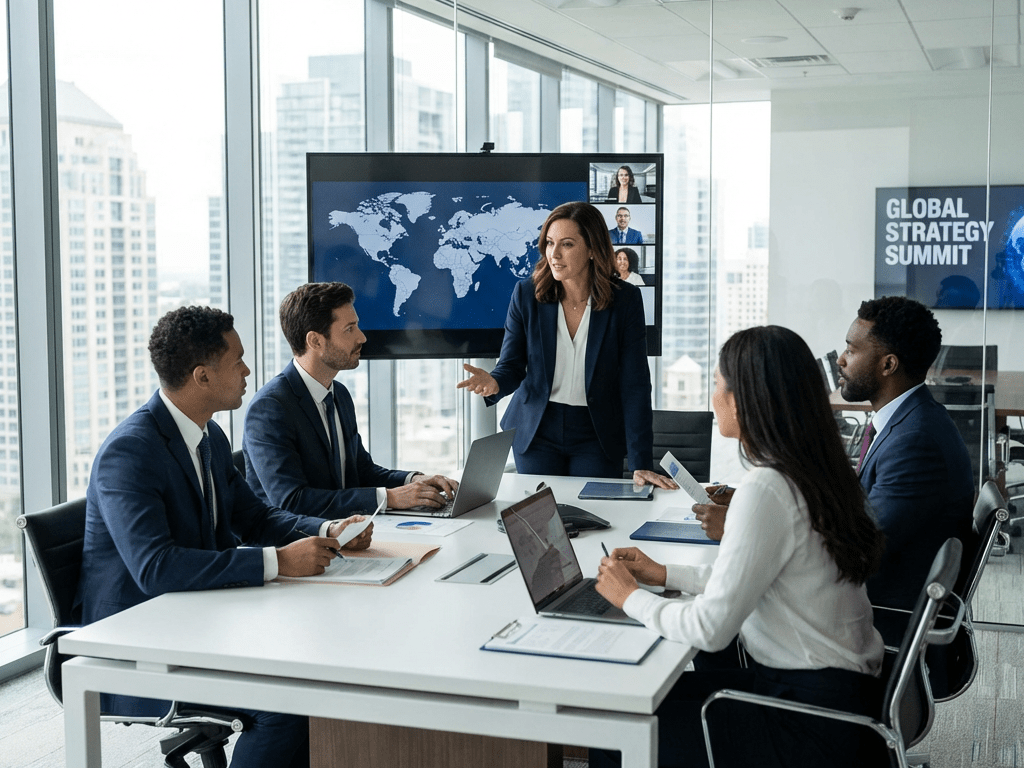 Business professionals at the Global Strategy Summit meeting with a world map and video call.