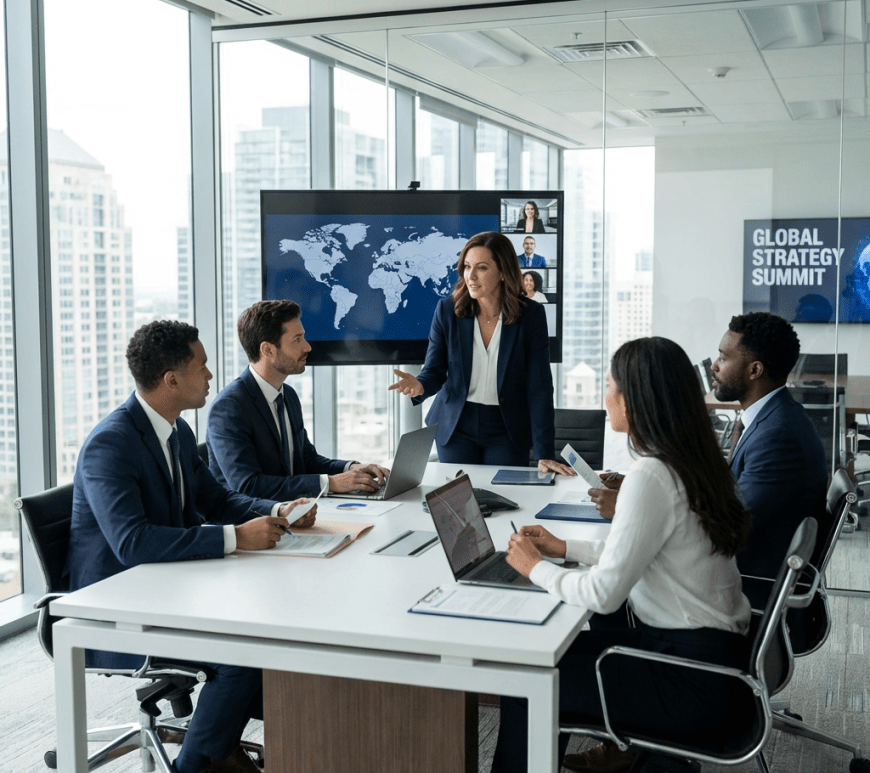 Business professionals at the Global Strategy Summit meeting with a world map and video call.