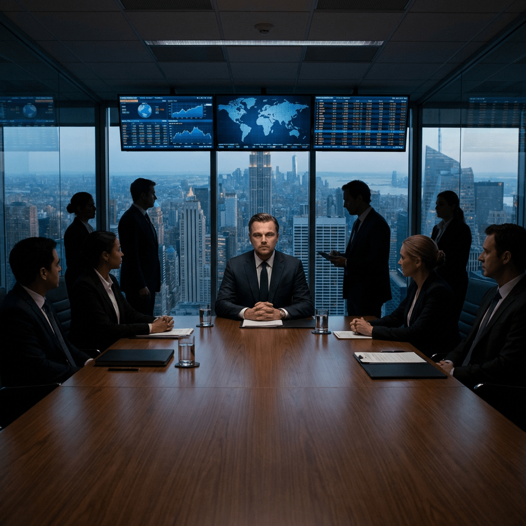 Business professionals in a high-rise boardroom overlooking a nighttime city skyline with financial data monitors.