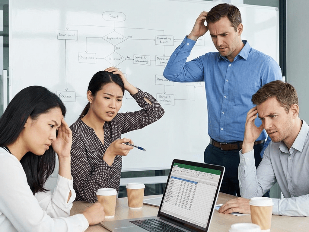 Office workers looking confused while reviewing data on a laptop and whiteboard flowchart.