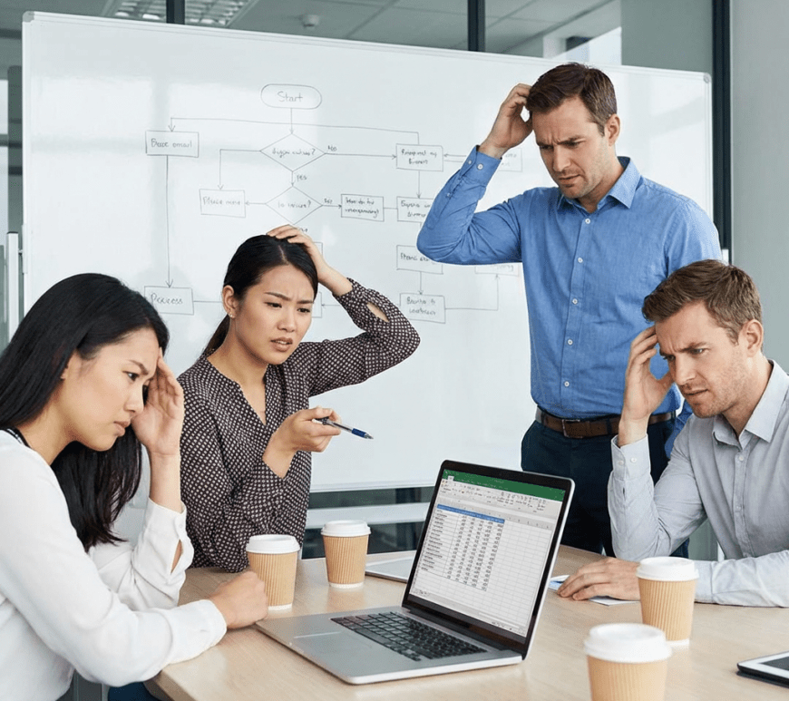 Office workers looking confused while reviewing data on a laptop and whiteboard flowchart.
