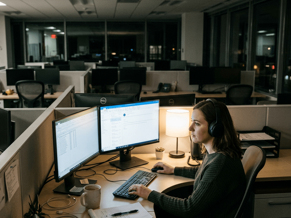 Woman wearing headphones working at dual computer monitors in office cubicle at night