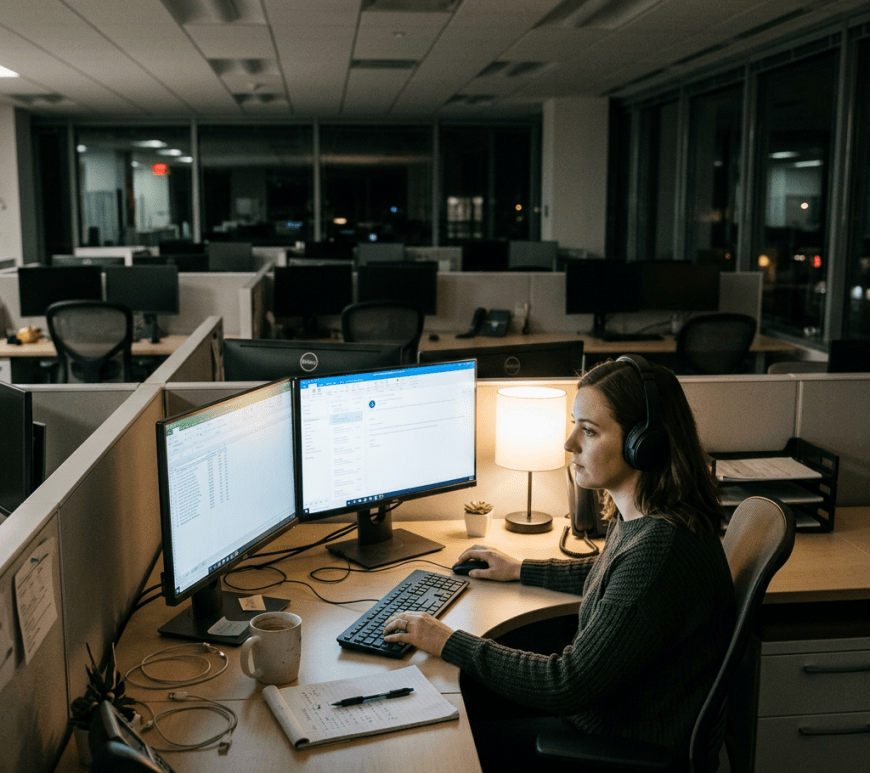 Woman wearing headphones working at dual computer monitors in office cubicle at night