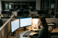 Woman wearing headphones working at dual computer monitors in office cubicle at night