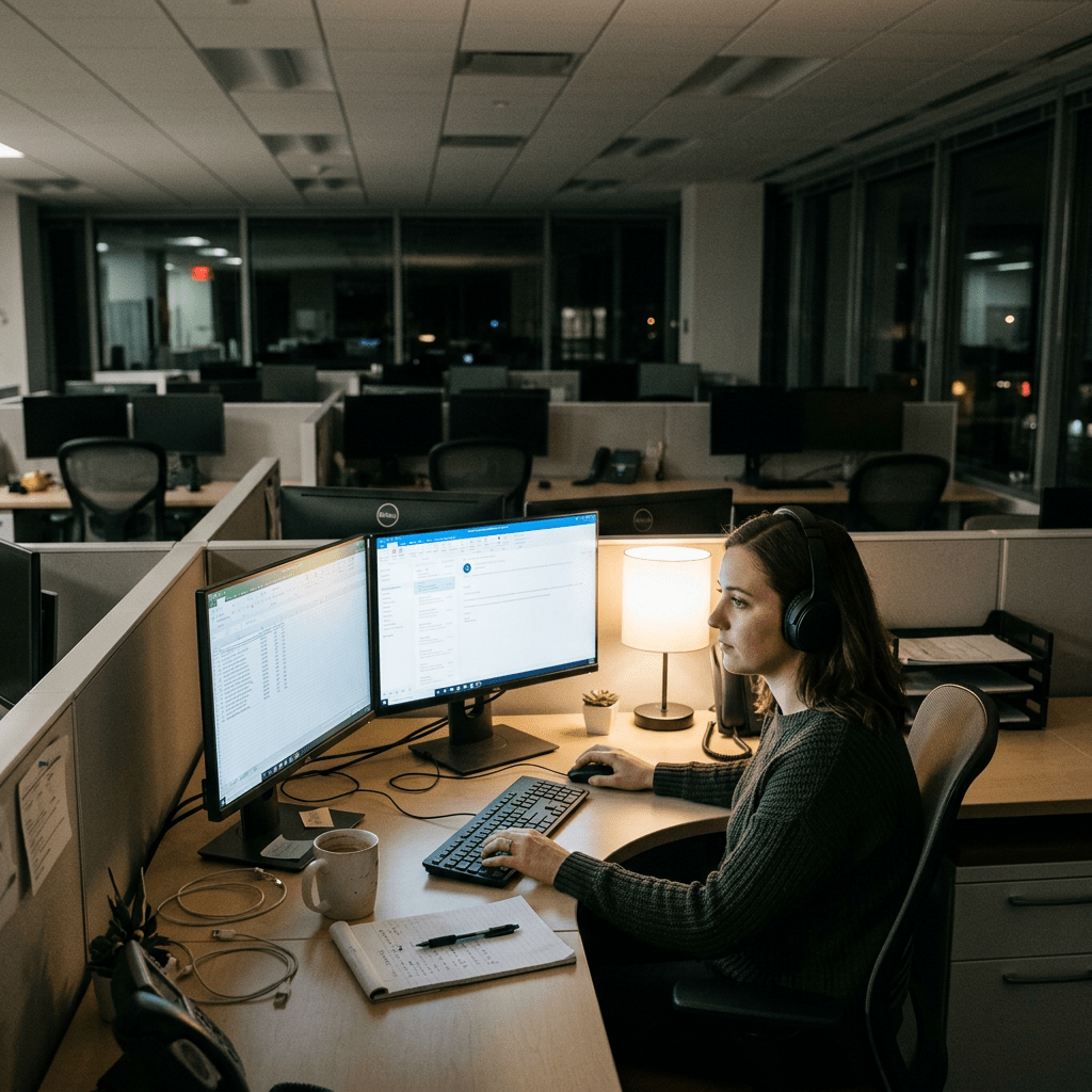 Woman wearing headphones working at dual computer monitors in office cubicle at night