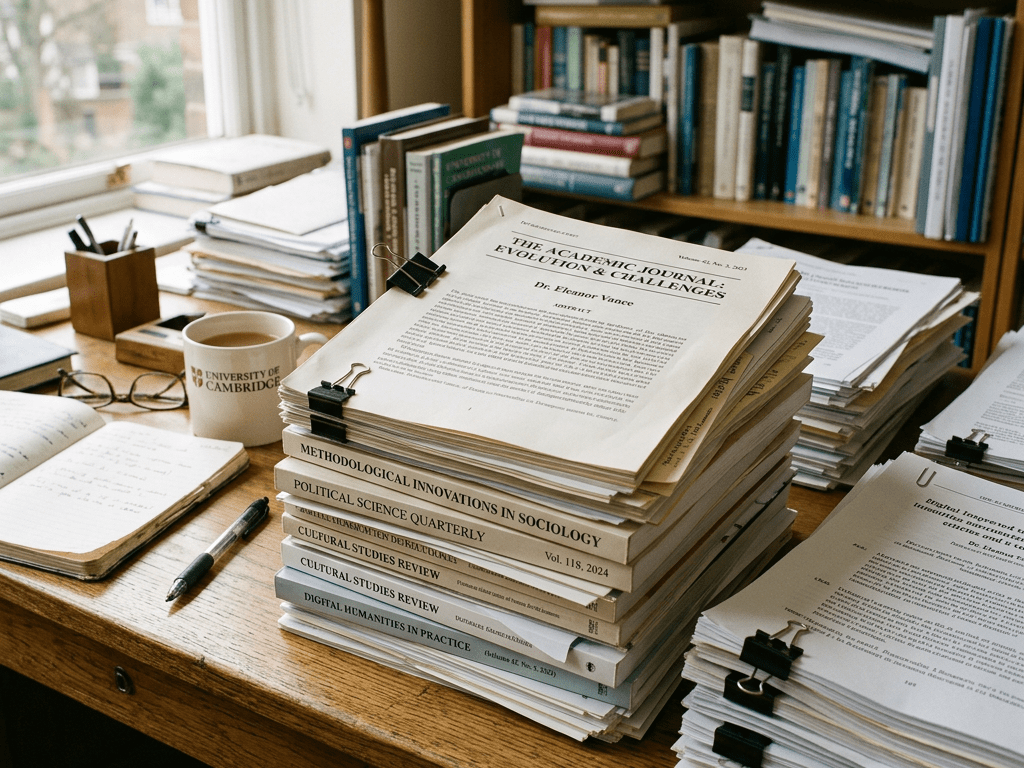 Stacks of academic journals and research papers on a wooden desk with notebook and coffee mug