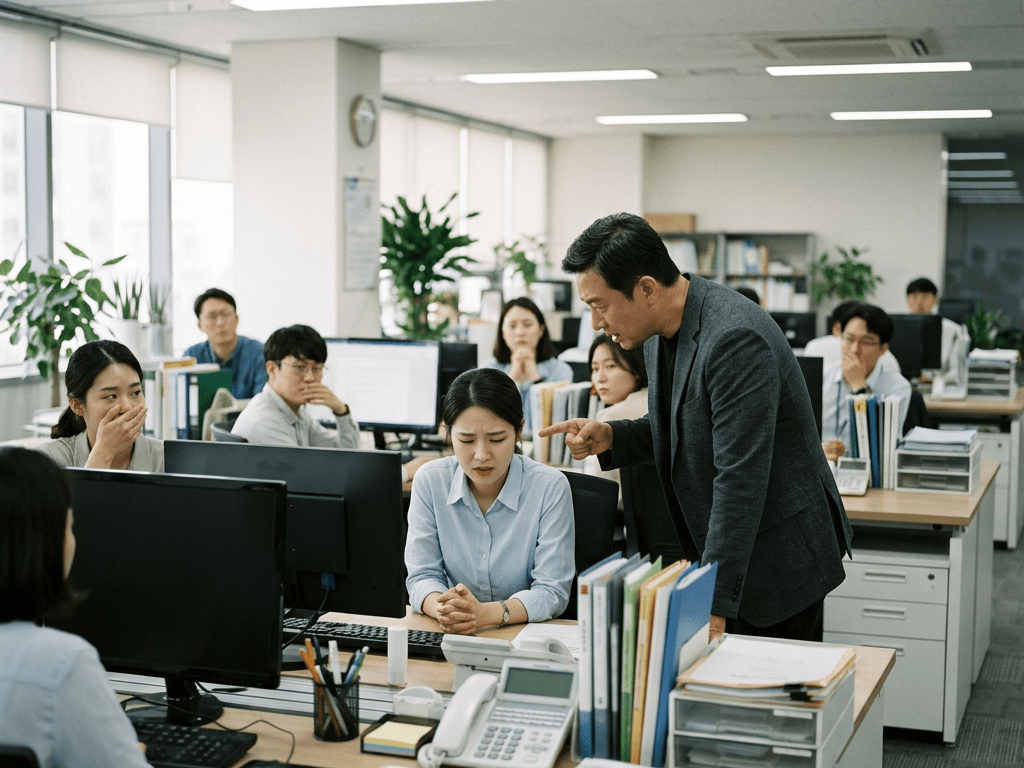 Manager angrily pointing at a seated woman looking upset in an office with coworkers watching