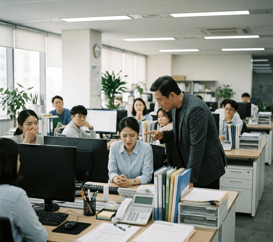 Manager angrily pointing at a seated woman looking upset in an office with coworkers watching